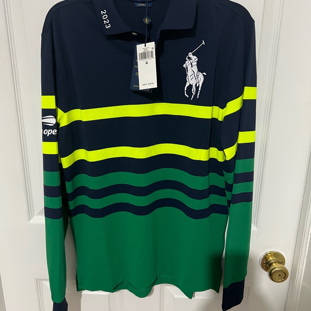 Polo by Ralph Lauren Navy & Green Striped Long-Sleeve Polo US Open 2023